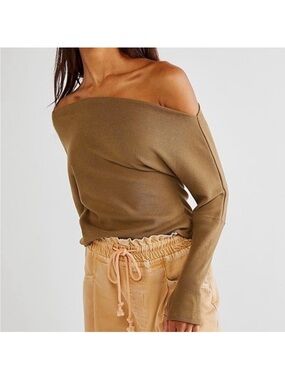 Free People Fuji Thermal Top Medium Olive Green Boatneck Shoulder Boho Waffle